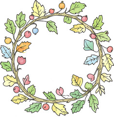 Fototapeta premium Colorful fall leaves wreath in doodle style captures the vibrant essence of autumn. This hand drawn, whimsical design features intricate foliage patterns perfect for festive decor