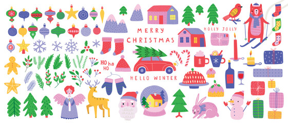 Christmas set of graphic elements, hand drawn style - cute objects, snowmen, Santa Claus and other elements. Vector illustration.