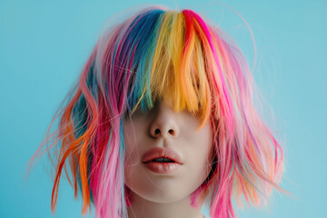 Fototapeta premium Vibrant Rainbow Hair on Woman with Color-Blocked Fringe Against Blue Background