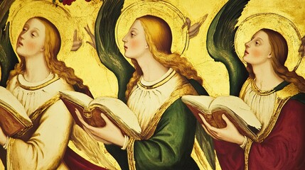 Angelic Figures Singing Gregorian Chant With Open Books in an Ornate Golden Setting