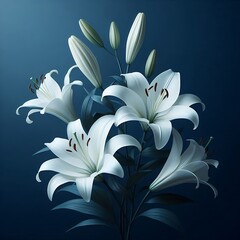 Beautifully Arrangement of White Lilies on a Gradient Blue Background, with Subtle Blue Variations Accentuating the Pure White Hue of the Lilies to Create a Graceful and Refined Visual Aesthetic 