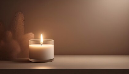 Candlelit Serenity- A minimalist scene with a single, elegant candle burning gently in the soft blurred background and copy space. Graphic art illustration