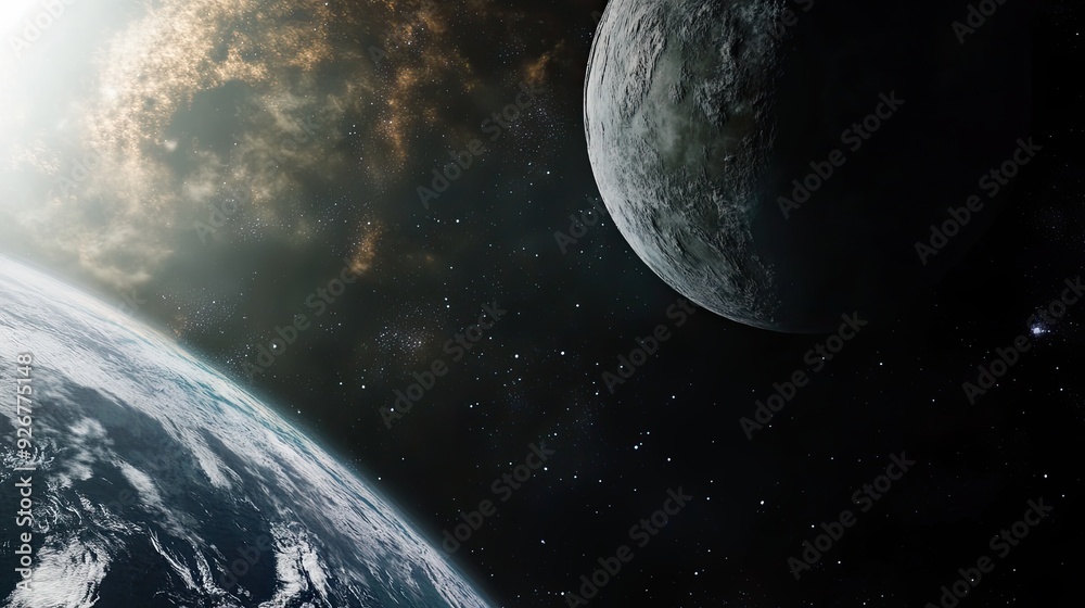 Poster distant earth and its neighboring celestial body illuminated by distant stars and cosmic clouds