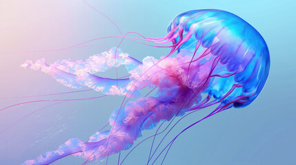 Vibrant Underwater Jellyfish Floating in Soft Blue Ocean Background
