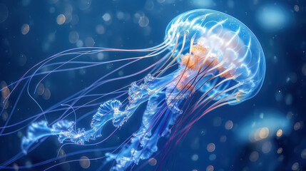 Fototapeta premium Vibrant Underwater Jellyfish with Luminescent Tendrils in Ocean Depths
