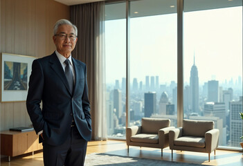 Portrait of a middle-aged Asian executive in a modern office, showcasing professionalism and confidence.