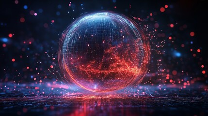 Obraz premium 3D illuminated distorted sphere made of glowing particles and wireframe representing a futuristic concept Vector illustration of a HUD element with a digital splash or explosion theme