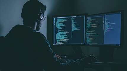 Learning to Code at a Desk With Dual Monitors in a Dimly Lit Room During Evening Hours