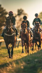Young Jockeys Training on a Practice Track at Sunrise: Learning Techniques for Horse Racing