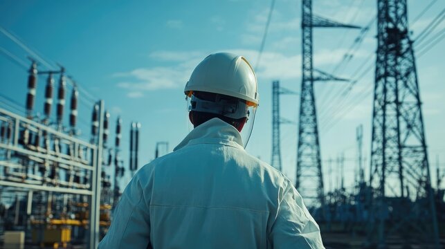 Backview of Electrical Engineer Inspecting High Voltage Power Lines