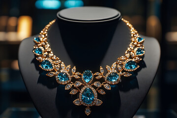 a gold necklace along with other necklaces at a jewelry store. the lighting is warm and the cloth below the necklace is red in color.