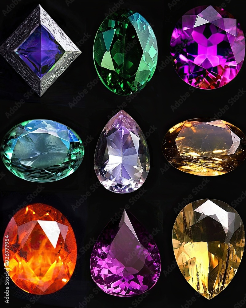 Poster Colorful Gemstone Planets Arranged in a Grid Pattern on a Dark Background