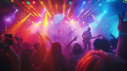 A rock band playing in an intimate club, with the audience close to the stage, jumping and singing along to the music under bright, colorful light