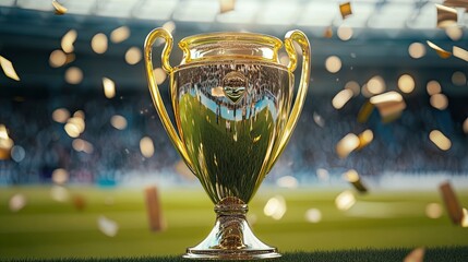 Exciting Moment at the Football Cup Final With the Trophy Showcased Amid Confetti