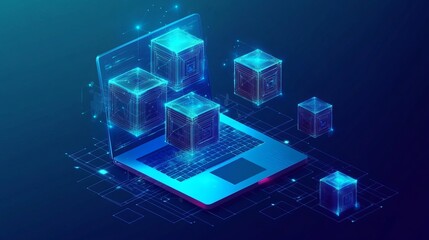 Abstract digital isometric blockchain displayed on an open laptop showing linked blocks on a computer screen Technology or metaverse concept in a 3D vector illustration on a futuristic