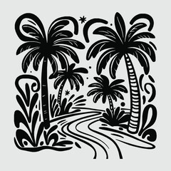 Obraz premium palm tree line art silhouette vector palm, tree, vector, line, art, silhouette, drawing, clipart, icons, illustrations, graphics, outline, design
