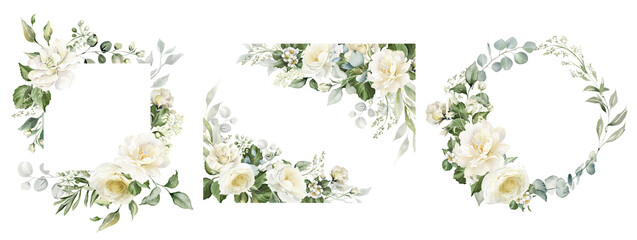 Watercolor white flowers border set. White roses, eucalyptus leaves. Floral background. Wedding frame. Invitation template. Greeting card © Nataliya Kunitsyna