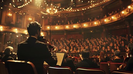 an orchestra playing in an elegant theater with velvet seats and an audience listening intently, with a conductor guiding the music under warm, soft lighting