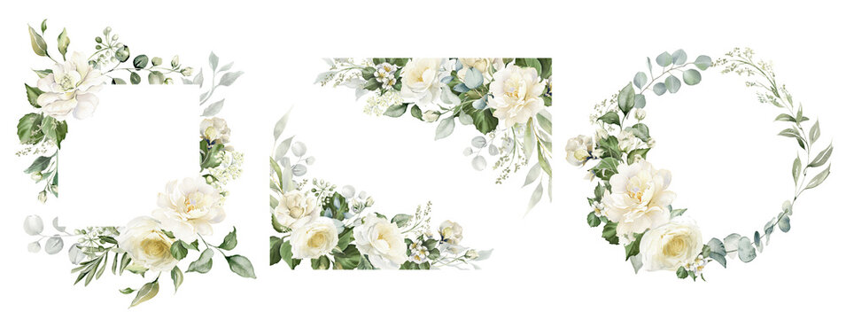 Watercolor white flowers border set. White roses, eucalyptus leaves. Floral background. Wedding frame. Invitation template. Greeting card