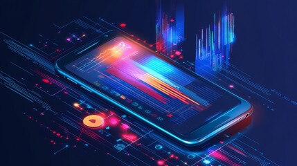 Application of a smartphone showing business graphs and analytics data on an isometric mobile phone Concept of analyzing trends and the software development coding process including