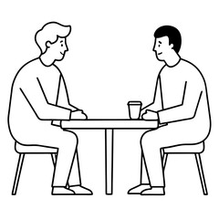 two men are sitting at a table opposite each other and talking