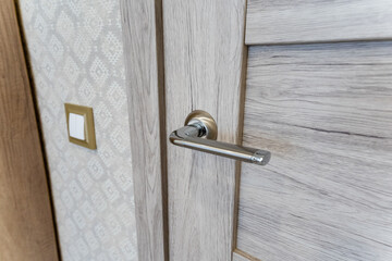 This image features a closeup view of a door handle that is attached to a beautifully crafted wooden door. The intricate details of the handle complement the wooden structure perfectly