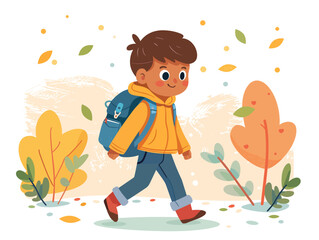 Cute boy with backpack walking in autumn park. Back to school and education theme Vector illustration