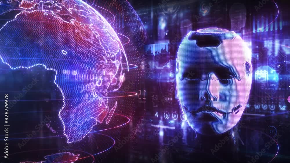 Poster digital avatar ai against the backdrop of the digital world.