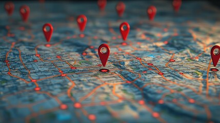Closeup of a road map with red navigation icons