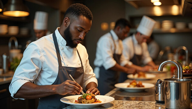 Portrait of an African American chef adding the finishing touch to his dish.






