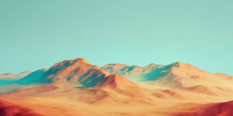 Naklejka premium Vivid Desert Landscape with Rolling Sand Dunes and Majestic Mountain Peaks at Sunrise