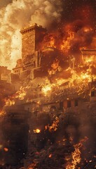 Realistic photo capturing the burning walls of troy during the destructive fall of troy