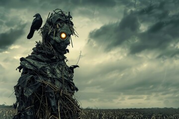 Fototapeta premium Menacing Halloween Scarecrow with Glowing Eyes and Crow in Desolate Field Under Ominous Clouds