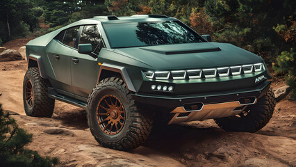 Stunning image of a high-performance off-road vehicle, featuring a futuristic and stylish design, in a matte dark green color, and large, rugged tires with deep tread ideal for off-road adventures.