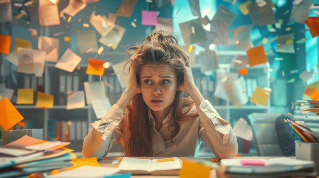 Stressed Office Employee Navigating Cluttered Workspace Highlighting Workplace Toxicity