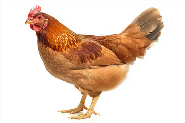 Fototapeta premium Close-up side view of a brown chicken with vibrant feathers and a white background