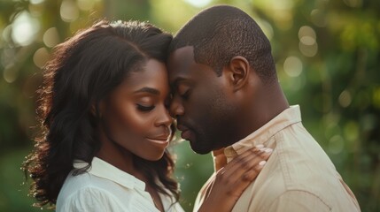 Fototapeta premium Kiss, forehead, and couple in park to wind down in nature. Young, cheerful, loving man kissing and appreciating her in a garden on a date.