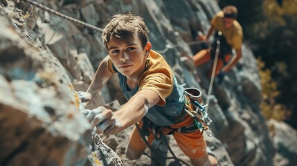 Young climbers ascending a rock wall on a mountain or climbing gym, showing determination and strength as they reach new heights