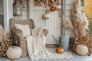 A cozy fall front porch adorned with pumpkins and pampas grass