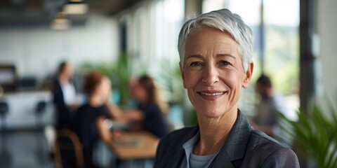 Fototapeta premium Meet senior and corporate lady with team for collaboration, planning, and discussing idea, objective, and strategy in workplace. Professionals and a mature boss at a business conference.