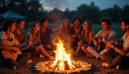 A bonfire on the beach at sunset, with people socializing and having fun in the background, blurred.

