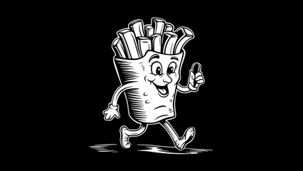 An attractive black and white illustration of a quirky humanoid French fries character, the vintage-style French fries walk confidently while holding a whistle.