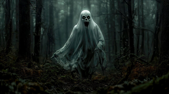 Halloween creepy horror haunting an eerie dark forest, supernatural spooky phantom emerging from the shadows in the deep woods, grim wraith sinister spirit