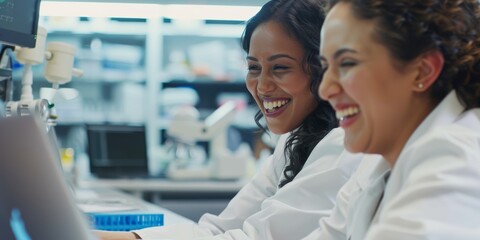 Fototapeta premium Scientist, women, and team use tablet and computer for lab guidance, medical research, and night planning. Students, scientists, or mentors on digital test result comparison technologies