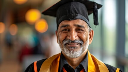 Fototapeta premium Graduate, senior lawyer, and smiling man in street, city, or outdoor. Successful Brazilian university graduate, elderly attorney, face, advocate, or professional.