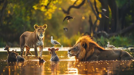 Group of wildlife animals in the water together