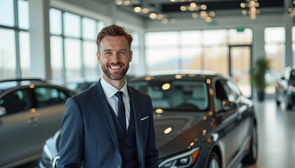 A cheerful salesperson in a formal suit stands beside a brand-new vehicle in a bright, spacious luxury car dealership, showcasing the sleek design of the car in an elegant showroom.






