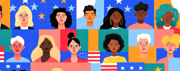 Voting Rights for All. Diverse Citizens Standing for Democracy. A lively, abstract illustration of different people, from all ethnic backgrounds, representing a diverse voting population.
