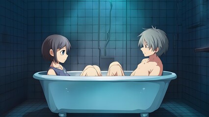 Anime Illustration of a Young Couple in a Blue Bathtub in a Tiled Bathroom