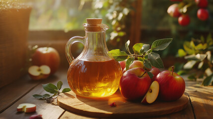 Jug with apple cider vinegar and ripe red apples 